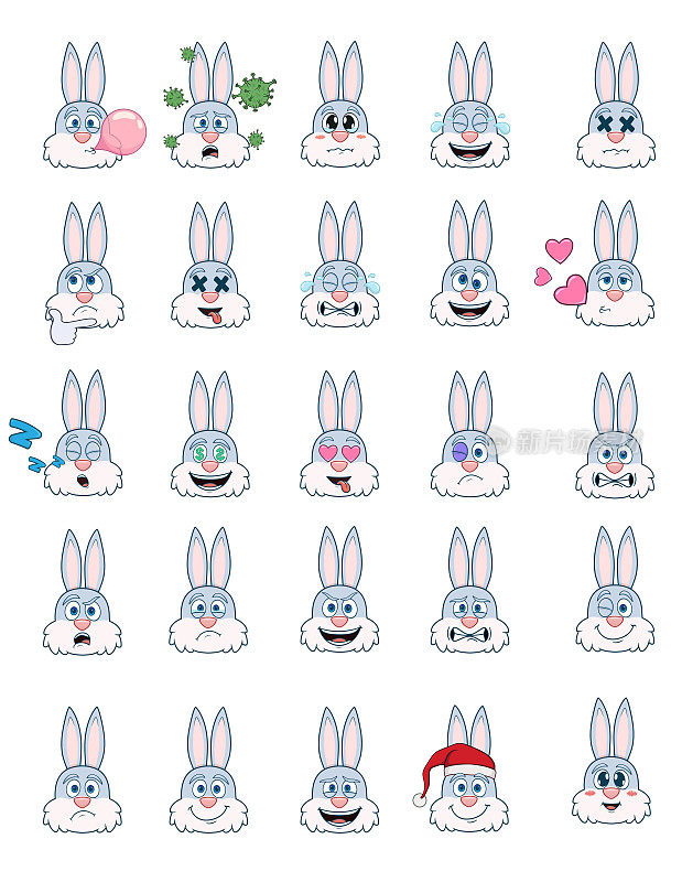 cartoon rabbits with different emotions. large set of isolated emoticons on a white background. vector stock illustrations